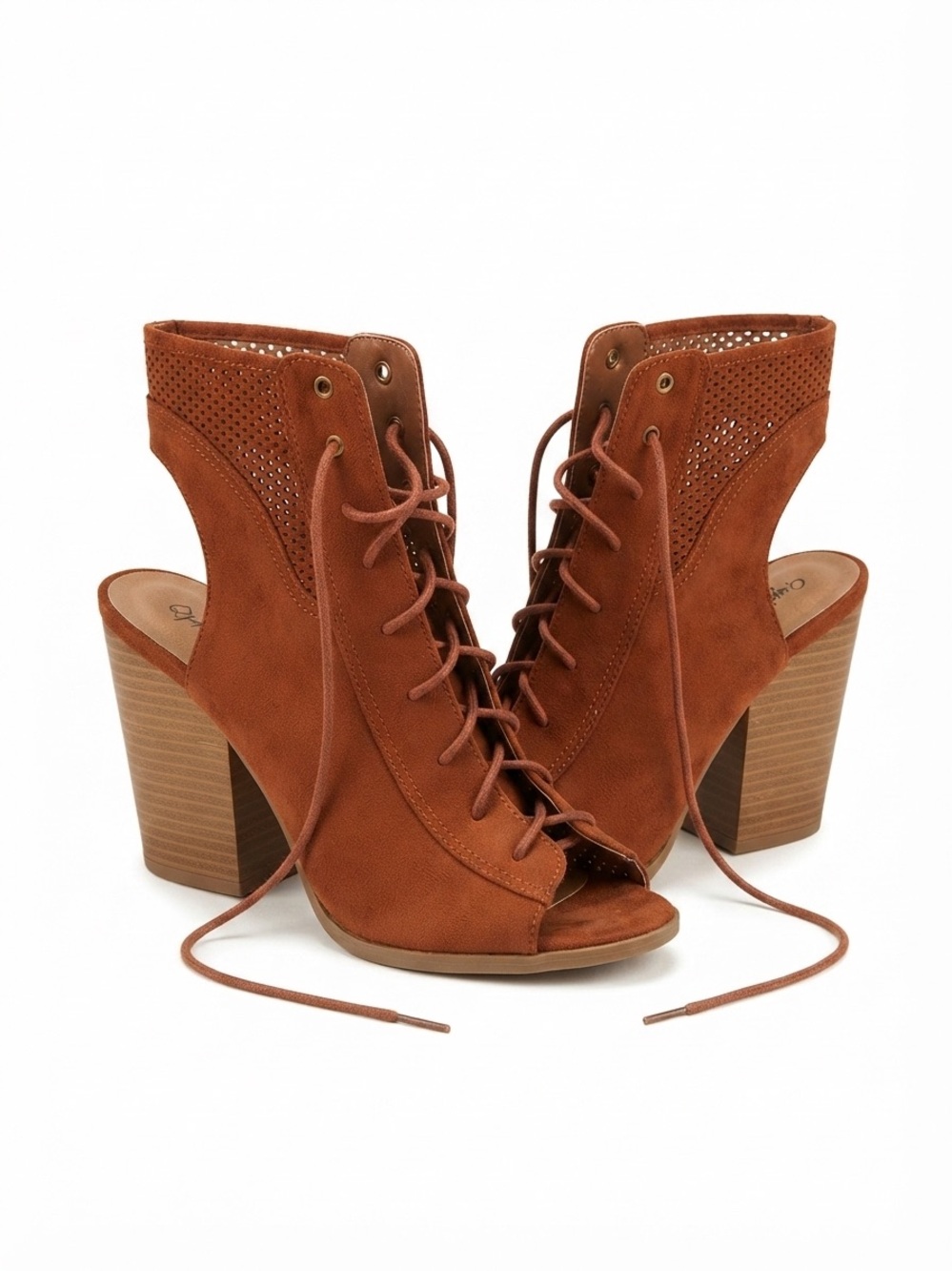 Qupid Cognac Lace-Up Peep-Toe Suede Booties